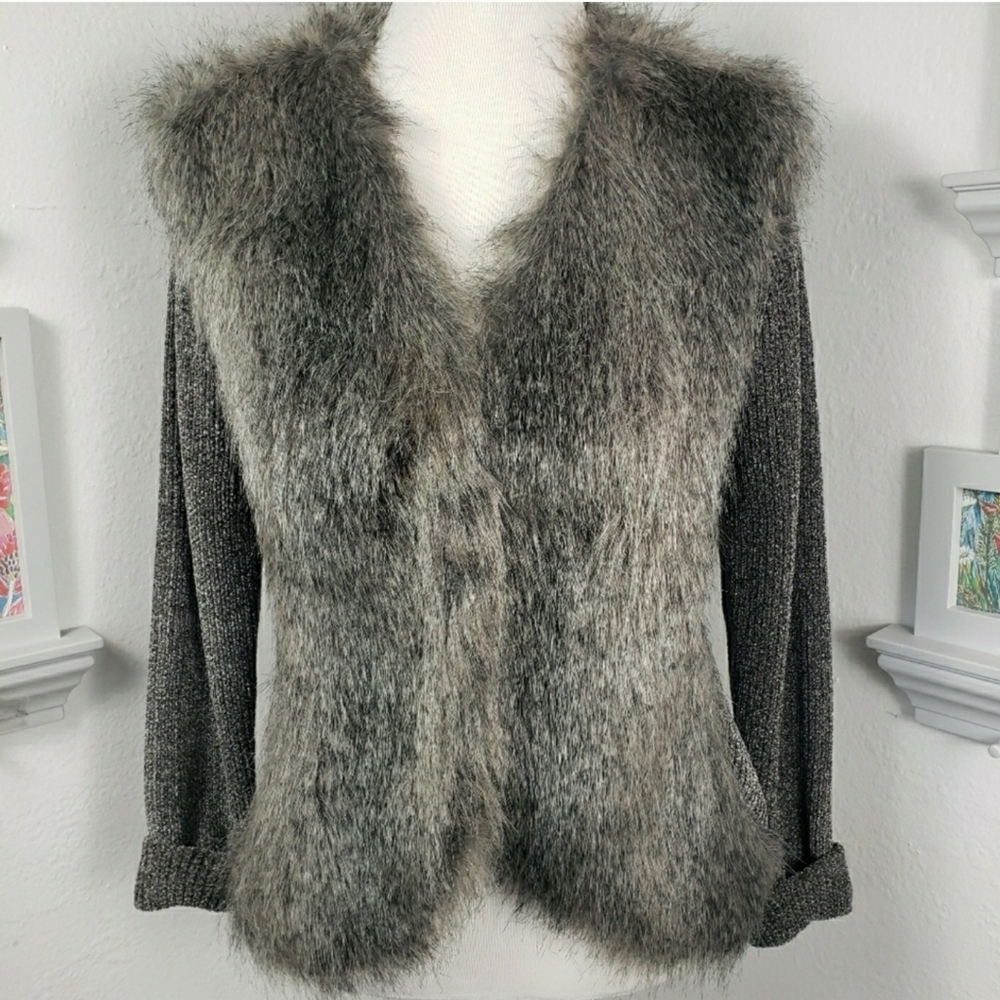 LaSeine Gray Rib w/Faux Fur Sweater -Warm Cozy Fun Sophisticated Vintage XL
